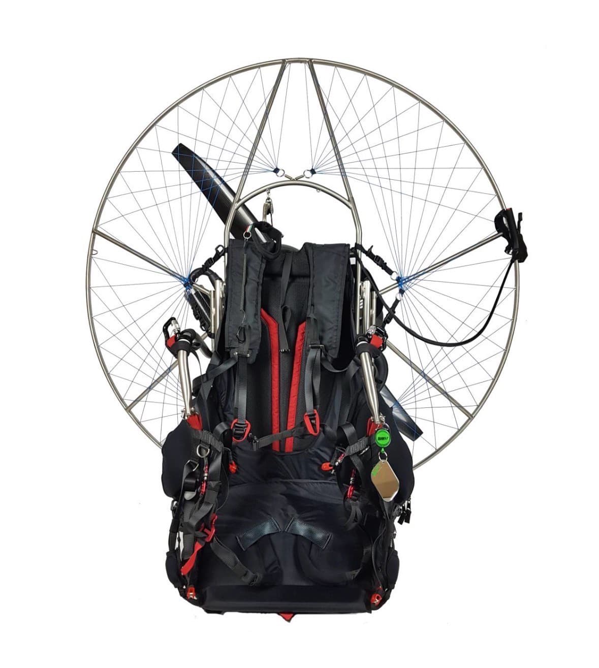 A Macfly Atom 80 paramotor — harness, frame and propeller cage.