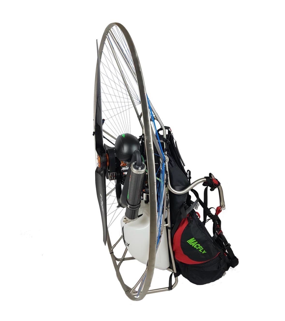 The Macfly 185 Plus paramotor — full rig with stainless cage and propeller.