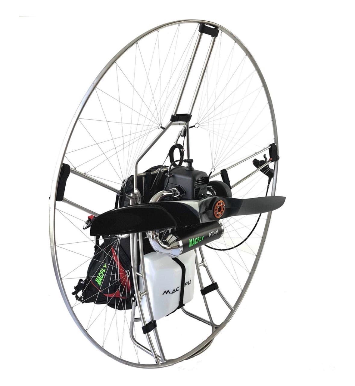 The Macfly Atom 80 paramotor — full rig with stainless cage and propeller.